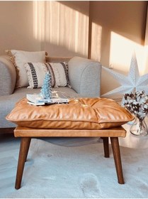 Resim Fahrettin Küçük Gürgen Retro Ayak Handmade Özel Tasarım Lüx Suni Deri Kaplama Bench Puf Sandalye 