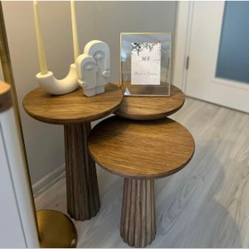 Resim ASELYA HOME Wood 3’lü Set Mantar Yan Sehpa Modern Ahşap Ceviz Renk Fiskos / Çiçeklik 