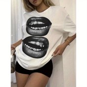 Resim Kadınlar için Rahat Büyük Beden Grafikli Tişört - Kalın Dudak Baskılı Beyaz, Kısa Kollu, Bol Kesim, Polyester, Makinede Yıkanabilir, İlkbahar ve Yaz için Mükemmel 