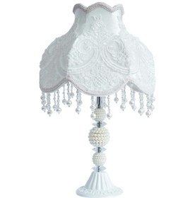 Resim Kadife ve Fransız Güpürü Kaplı Çiçek Dekorlu Abajur Beyaz 