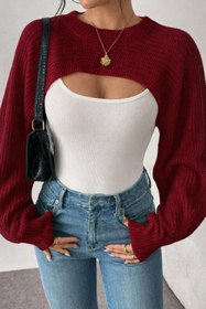 Resim Tarz Cool Kadın Bordo Dekolteli Crop Triko Bolero 