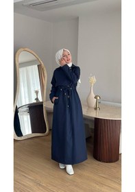 Resim Esra Butik78 Şık Kesim Astarlı Trençkot Kendi Kumaşından Kemerli Tesettür Model Lacivert 