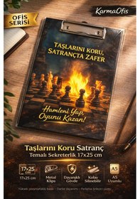 Resim Taşlarını Koru Satranç Temalı Sekreterlik 17x25 Cm A5 Uyumlu Metal Klipsli Dayanıklı Clipboard 