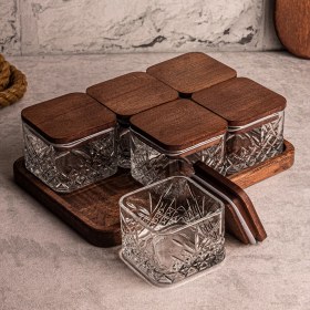 Resim Snippy Milla Kare 6'lı Ahşap Vakumlu Kapaklı Dikdörtgen Tepsili Cam Kahvaltılık Çok Amaçlı Çerezlik 230 ml 