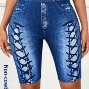 Resim İmitasyon Kot Baskılı Yüksek Bel Esnek Kadın Taytları - Seksi Her Mevsime Uygun Yoga Pantolonları, %95 Polyester %5 Elastan, Makinede Yıkanabilir Görünmez Egzersiz ve Günlük Pantolonlar 