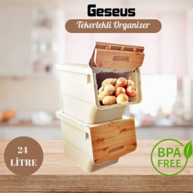 Resim Geseus Motek Patateslik Soğanlık Sepeti , Oyuncak Kutusu , Sebzelik Tekerlekli Organızer Çok Amaçlı Kutu 2X12LT-BAMBU+KREM 