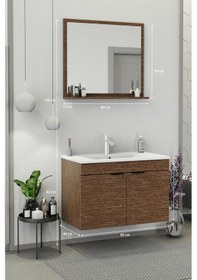 Resim Biani Fix Arya 85 Cm Banyo Dolabı,Seramik Lavabolu, Aynalı,Lavabo Dahil,Mdf,Aybe Kahve 