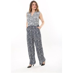 Resim Kadın Büyük Beden Lacivert Anvelop Yakalı Geniş Paçalı Beli Lastikli Tulum 65n37635-lacivert Lacivert 