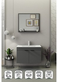 Resim Biani Fix Arya 85 Cm Banyo Dolabı,Seramik Lavabolu, Aynalı,Lavabo Dahil,Mdf,Mat Gri 