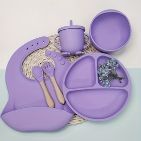 Resim 6 adet Bebek Çatal Seti, Gıda Sınıfı Silikon Tabak Kaşık Paspas Pipet Kupa Tam Set BPA'sız Paskalya Hediyesi Cadılar Bayramı ve Noel için 