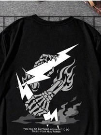 Resim İskelet Şimşek T-shirt - Siyah Baskılı Oversize Bisiklet Yaka Kısa Kol Tişört Siyah 