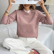 Resim Kadınlar için Hafif Mavi Dantel Detaylı Yuvarlak Yaka Kazak - Uzun Kollu, Orta Esneklik, Düz Renk, Sonbahar/Kış Modası, Rahat Kazak, Günlük veya Şık Kıyafetler İçin, Sevimli Kazaklar 