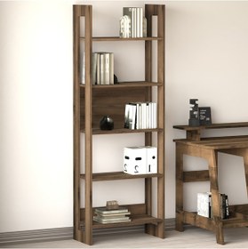 Resim Country Dekoratif 5 Raflı Ev-ofis Kitaplık, Modern Kütüphane - Antik Ceviz 