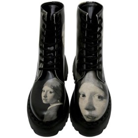 Resim Kadın Vegan Deri Siyah Uzun Bot - Girl With A Pearl Earring Tasarım Siyah 