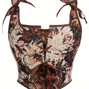 Resim Kadınlar için Vintage Çiçekli Bağcıklı Korse Üst - Ayarlanabilir Askılar, Karın Kontrolü, Siyah & Bej Çiçek Baskılı, Şeffaf Olmayan Kahve Kahverengi, Polyester Karışımı, Sadece Elde Yıkama 