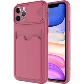 Resim Apple iPhone 12 Pro Kılıf Kartlık Cüzdan Özelliği Sürgülü Kamera Lens Korumakoyu Pembe 