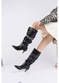 Resim Muggo Rumba Sivri Burun Kırışık Kroko Desenli İnce Topuklu Kadın Çizme siyah 