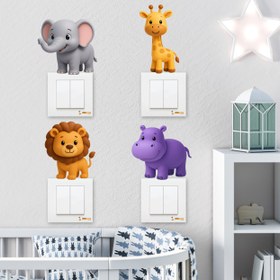 Resim Sevimli Fil, Sevimli Zürafa, Sevimli Aslan, Sevimli Su Aygırı 3D Priz Duvar Çocuk Odası Sticker Seti - 12x13 cm / Renkli / Priz Sticker 