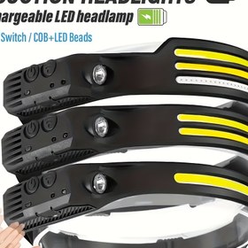 Resim 1 adet LED+COB USB Şarj Edilebilir Kafa Lambası, Hareket Sensörlü Tırmanma Lambası, 1/2/3 Kafa Bandı, Koşu, Balıkçılık, Kamp, Yürüyüş, Taşınabilir Acil Durum Çalışma Lambası için 