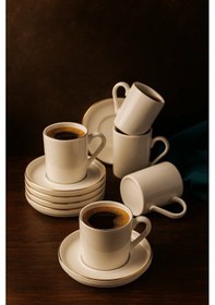 Resim 12 Parça Altın Yaldızlı Porselen Kahve Fincanı Ve Tabak 105cc Beyaz - Altın 