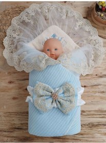 Resim Yenidoğan Kuzulu Taç Nakış Güpürlü Fiyonklu Duvaklı Prizma Taş Unisex Kundak Bebek Battaniyesi Mavi 