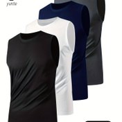Resim 4'lü Erkek Sporcu Nefes Alabilir Kolsuz Yelekler, Siyah-Beyaz-Gri-Deniz, Geniş Uygun, Hızlı Kuruyan Yuvarlak Yaka, Polyester, Spor Üstleri Jimnastik Antrenmanı için Genç Erkekler İnceliği Spor Gömlekleri 