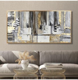 Resim Yağlı Boya Dokulu Tablo Siyah Beyaz Altın Soyut Altın Çerçeveli U08005-179016 