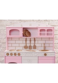 Resim Boyalı Pembe Ahşap Oyuncak Bulaşık Makine Detaylı Mutfak Tabak Ve Spatula Seti Hediye 