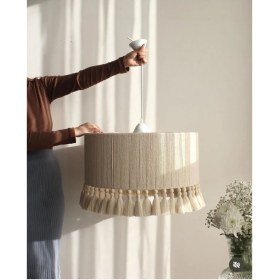 Resim Mediterian Ekru büyük makrome avize, bebek odası için şık ve sıcak ışık kaynağı, 35x65 cm 