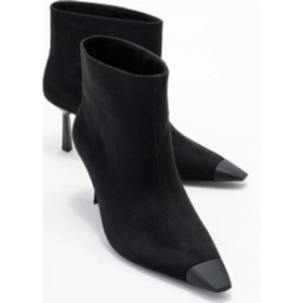 Resim Rassel Siyah Süet Mat Burunlu Kadın İnce Topuklu Bot Siyah Süet 