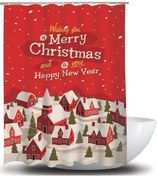 Resim Duş Perdesi Noel Dekorasyonu Banyo Perdeleri Su Geçirmez Kırmızı 