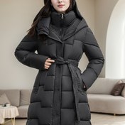 Resim Kadınlar için Uzun Kışlık Kapüşonlu Mont - Kalınlaştırılmış Polyester, Düğmeli Ön, Fermuarlı Cep, Kahverengi ve Beyaz Kapitone Tasarım, Günlük Tarz, Makinede Yıkanabilir 