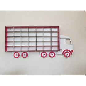 Resim Kırmızı Beyaz Tır Model Oyuncak Araba Rafi 