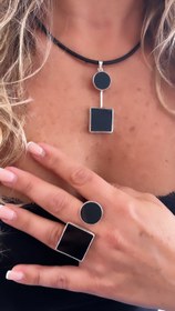 Resim Doğaltaş Gümüş Özel Tasarım Onix Taşlı Deri Set 