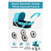 Resim Büyük Tekerlekli Tenteli Katlanabilir Metal Oyuncak Bebek Puseti Premium Lüx Mavi 