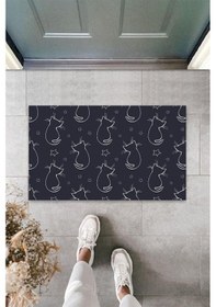 Resim Siyah Kapı Önü Paspası Yıldızlı Kediler Desen K-3307 