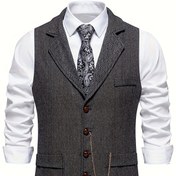 Resim Erkekler İçin Zincir Detaylı Herringbone Tweed Tek Düğmeli Yaka Yelek - İş veya Resmi Etkinlikler İçin Şık Kahverengi Takım Elbise Yeleği, Makinede Yıkanabilir, Çizgili Yaka Tasarımı | Poliester Karışım Yelek 