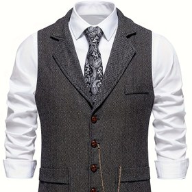Resim Erkekler İçin Zincir Detaylı Herringbone Tweed Tek Düğmeli Yaka Yelek - İş veya Resmi Etkinlikler İçin Şık Kahverengi Takım Elbise Yeleği, Makinede Yıkanabilir, Çizgili Yaka Tasarımı | Poliester Karışım Yelek 