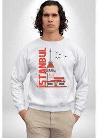 Resim İstanbul Kız Kulesi Türkiye Unisex Beyaz Sweatshirt Beyaz 