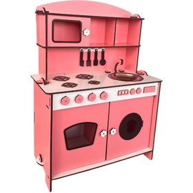 Resim Ahşap Oyuncak Mutfak | Çocuklar İçin Demonte MDF Oyun Mutfağı - Pembe-BEYAZ 