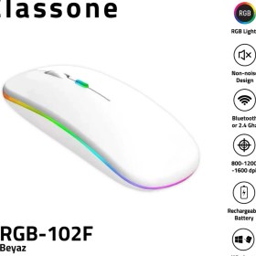 Resim Classone RGB-102F Rgb Işıklı, Efektli, Silent-Sessiz, Rf Kablosuz, Bluetooth Mouse - Beyaz 