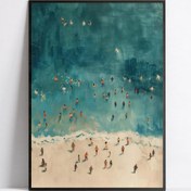 Resim 1 adet Çerçevesiz Tuval Poster - Küçük İnsanların Yüzüdüğü Minimalist Plaj Manzarası, Vintage & Modern Oturma Odası, Yatak Odası, Ev Ofisi Dekoru, Plaj Temalı Dekor 