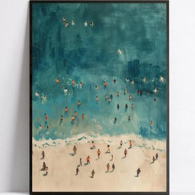 Resim 1 adet Çerçevesiz Tuval Poster - Küçük İnsanların Yüzüdüğü Minimalist Plaj Manzarası, Vintage & Modern Oturma Odası, Yatak Odası, Ev Ofisi Dekoru, Plaj Temalı Dekor 