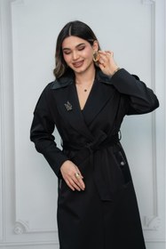 Resim Eccim Fashion Deri Detaylı Broşlu Sade Uzun Kadın Ceket Trençkot 