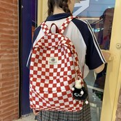Resim 1 adet Kızlar için Günlük Naylon Sırt Çantası, Hafif Dama Desenli Okul Çantası, Ayarlanabilir Askılı, Fermuarlı Kapatma, Polyester Astar - 5 Renkte Mevcut 
