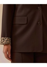 Resim Büyük Beden Leopar Desen Detaylı Çift Düğmeli Ceket Gala-xi Kahverengi 