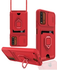Resim AQUA AKSESUAR Xiaomi Redmi 9t Kılıf Ipli Ve Lens Korumalı Renkli Yüzüklü Askılı Telefon Kılıfı - Kırmızı 