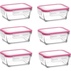 Resim Şeffaf Cam Kahvaltılık Saklama Kabı Seti 6'lı 400CC Pembe Kapak 