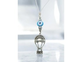 Resim Metal Kapadokya Uçan Balon Araba Dikiz Ayna Süsü, Turkuaz Nazar Boncuğu Yeni Araba Hediyesi 