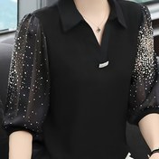 Resim Kadınların Polka Dot Desenli Üç Çeyrek Kollu Yaka ile Pullover Gömlek 